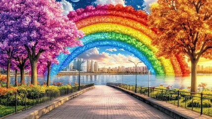 Fototapeta premium Nature's vibrant display rainbow over city waterfront park landscape photography outdoor serenity colorful view