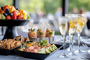 A table with a variety of food and drinks, including a tray of fruit
