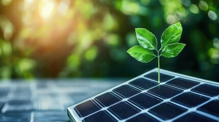 Fototapeta premium A solar panel with a green leaf icon superimposed on it, symbolizing the use of solar energy as a renewable and environmentally friendly option.