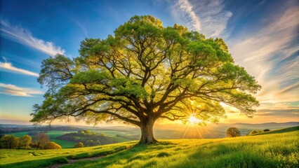 Panoramic Youth Oak Tree Landscape, Strength Symbol, Nature Photography, Majestic Tree, Spring Scenery, Powerful Tree, Young Oak, Vibrant Green, Sunlight, Growth, Resilience