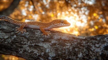Obraz premium Gecko on tree branch at sunset nature photography outdoor environment close-up view wildlife concept