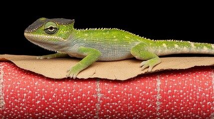 Fototapeta premium Vibrant green lizard crawling on cardboard studio setting wildlife photography close-up nature concept