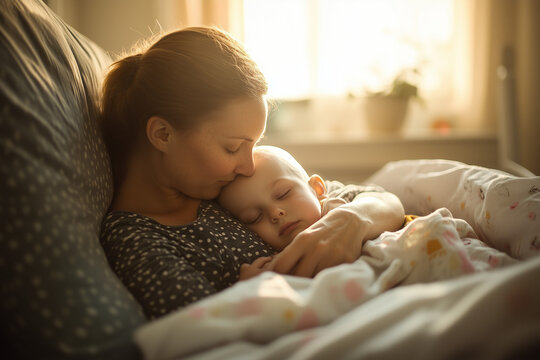 mom hugging sick child with bald head in hospital bed, sunlight through window