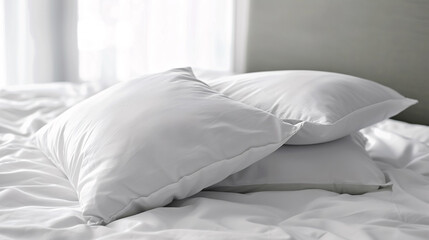 Comfortable soft pillows on a bed, with close-up of white bedding sheets and pillow against a light wall room background. Fresh bed concept.