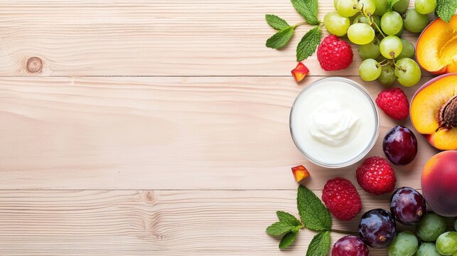 A rustic wooden board with a dollop of yogurt and a variety of sliced fruits arranged alongside, such as peaches, plums, and grapes, encouraging viewers to create their own customized fruit and
