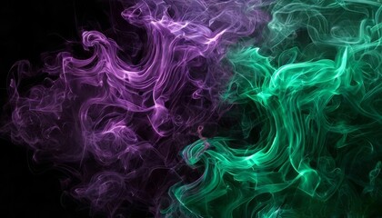 An abstract green and purple smoke cloud blending with a black background evokes a sense of movement and mystery for artistic or professional use.
