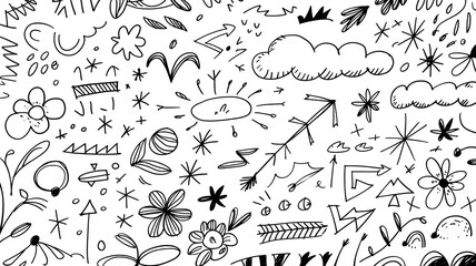 Obraz premium Doodle poster a black-and-white is filled with dense and playful hand-drawn elements like flowers, clouds, abstract shapes, and arrows. Fun and whimsical sketchbook aesthetic wallpaper, generative ai