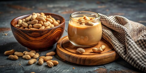 Fototapeta premium Roasted Peanuts and Creamy Peanut Butter in Low Light Setting - Rustic Wood Bowl, Glass Jar, and Elegant Marble Surface for Cozy Kitchen Vibes