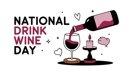 National Drink Wine Day lettering greeting poster on white background. Bottle of wine gracefully pouring into a glass, festive and cheerful vibe generative ai