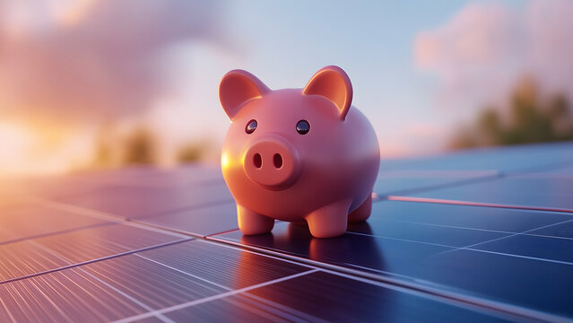 Piggy bank money box on solar panel showing solar energy money saving 