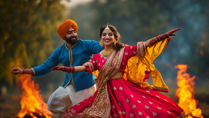 Young Punjabi couples celebrating Lohri festival with dancing bhangra against a bonfire