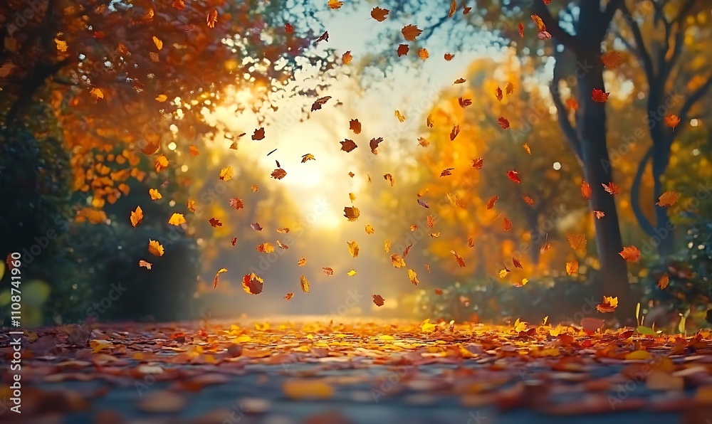 Poster a serene autumn scene with colorful leaves falling gently on a sunlit path, surrounded by trees and 