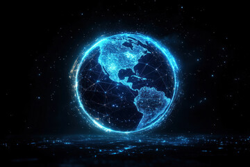 Obraz premium Blue earth with intricate network lines symbolizing global connectivity and communication.