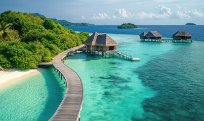 Obraz premium Serene overwater bungalows turquoise lagoon idyllic escape tranquil paradise wooden walkway