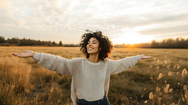 Young beautiful woman taking fresh air with open arms in a grass field. Smiling woman taking deep breath, healing and relaxation concept