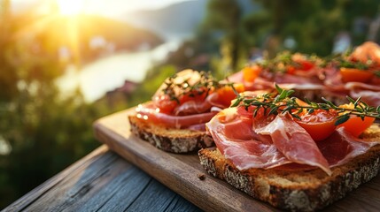 Bauernbrot topped with prosciutto and cherry tomatoes offers a delicious view during sunset. Its rustic charm evokes a sense of tranquility in a picturesque setting.