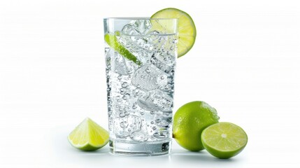 Fototapeta premium A glass of sparkling water with lime wedges, isolated on a white background