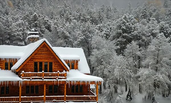 A log cabin with a snowy roof and balcony, nestled in a snowy forest.