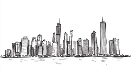 Fototapeta premium Urban Silhouette: Iconic Buildings in Single-Line Sketch