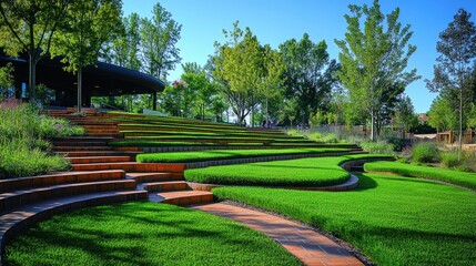 Outdoor concert space with tiered grass seating and permanent stage