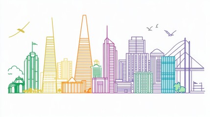 Fototapeta premium Urban Silhouette: Iconic Buildings in Single-Line Sketch