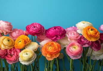 A Vibrant Display of Ranunculus Flowers Against a Bright Blue Background, Showcasing a Stunning Array of Colors and Petal Textures for Floral and Nature Enthusiasts