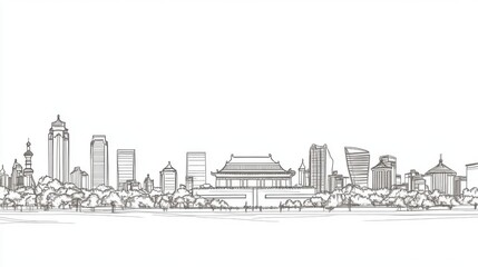 Fototapeta premium Urban Silhouette: Iconic Buildings in Single-Line Sketch