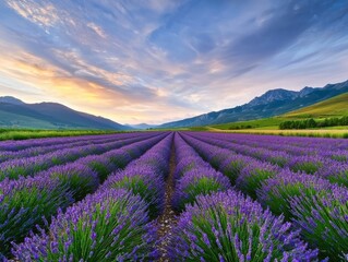 Fototapeta premium Vibrant Lavender Field Under Bright Sky at Sunset in Rural Landscape