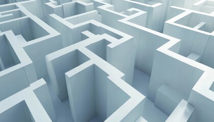 Abstract 3D Maze Structure with White Walls and Smooth Surfaces Ideal for Conceptual Graphics, Problem Solving, and Creative Challenges in Various Backgrounds