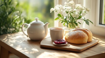 Fototapeta premium Bauernbrot is beautifully presented on a wooden tray, accompanied by tea and a sweet dessert, all set against a serene background of greenery and sunlight filtering through the window.