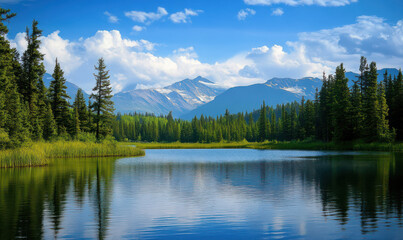 Serene mountain lake reflecting tranquil sky peaceful landscape