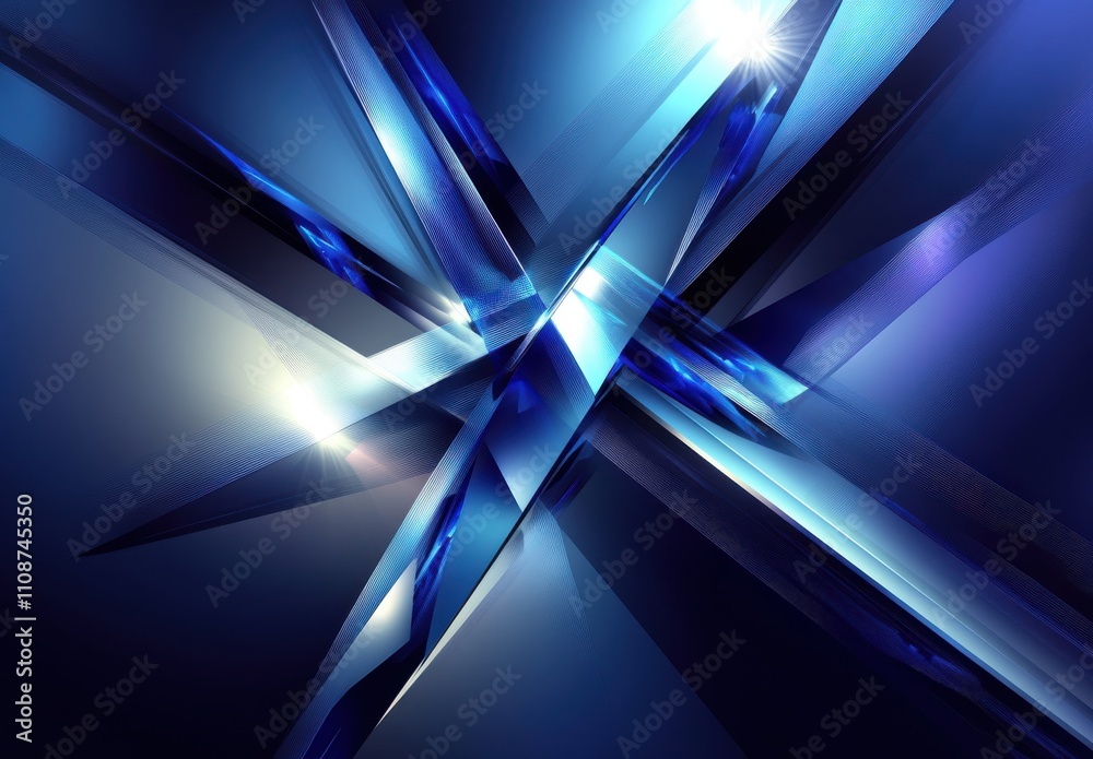 Poster abstract blue crystal shapes with sharp angles and radiant light reflections on a dark background, c