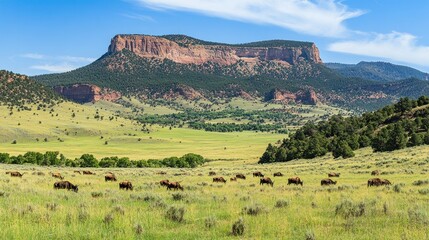 Obraz premium Wild Bison Grazing in Mountain Valley Pastureland