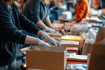 Volunteers organizing and sorting books at a library or book drive