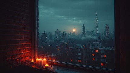 Moody Cityscape Viewed from Candlelit Window  
