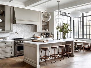 An open layout kitchen combines minimalist Copenhagen style with a counter-height island chevron oak floors and off-white interiors
