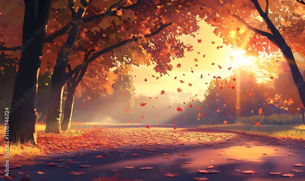 Poster A serene autumn scene featuring a sunlit path lined with vibrant orange and red leaves, creating a warm and inviting atmosphere.