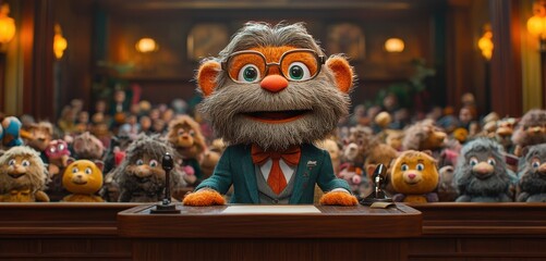 Furry Puppet Politician Addressing an Audience  
