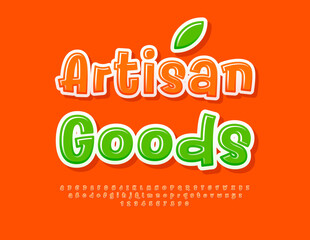 Vector advertising poster Artisan Goods. Orange Glossy Font. Bright Creative  Alphabet Letters and Numbers set.