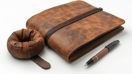 A journal with a neck pillow beside it, representing calming writing hobbies, isolated on white background