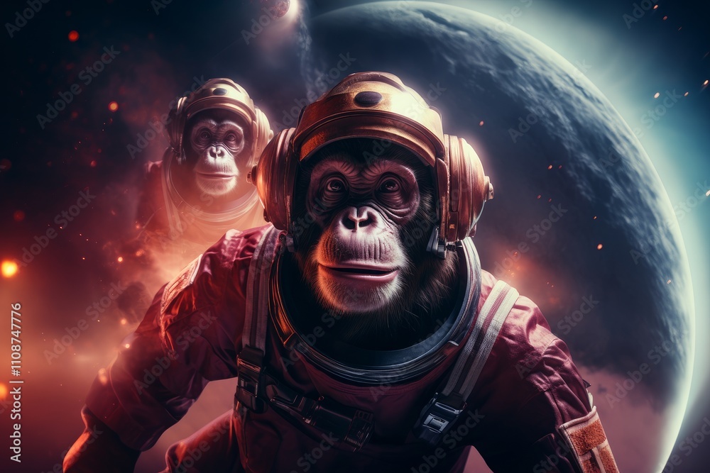 Canvas Prints a group of monkeys dressed as astronauts explore space.