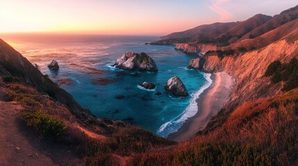 Coastal Sunset Scene Over Dramatic Cliffs and Ocean