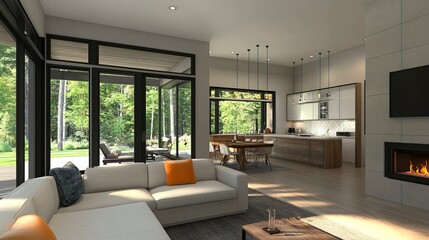 Fototapeta premium contemporary modern living room with open concept view through to dining room kitchen and Italian marble 