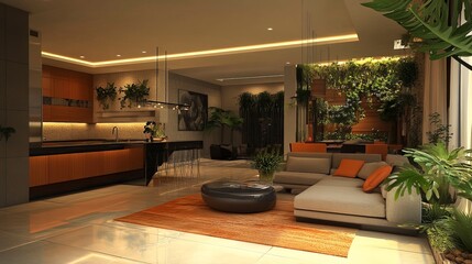 Fototapeta premium spacious living room with sofa and modern furniture decorated with plants 