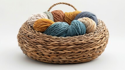 Obraz premium A knitting basket filled with yarn and a U-shaped neck pillow, isolated on a white background