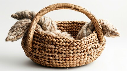 Obraz premium A knitting basket filled with yarn and a U-shaped neck pillow, isolated on a white background