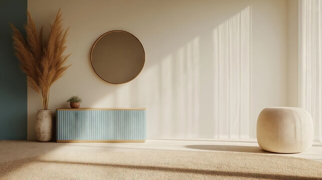 Home interior design of modern living room with modern beige puf placed near large window. Potted dried grass