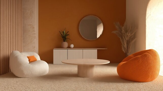 Home interior design of modern living room with modern orange puf placed near large window. Potted dried grass
