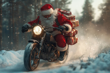 Santa Claus rides a motorcycle down a snowy road, delivering gifts with a cheerful wave.