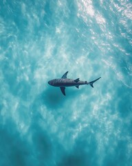 Aerial View of a Shark Swimming in Crystal Clear Turquoise Water with Gentle Waves Reflecting Sunlight Over the Ocean Surface